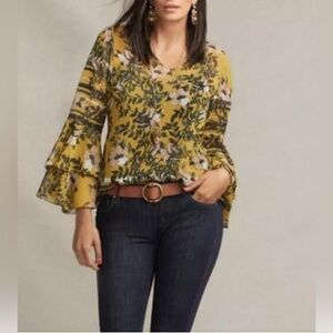 CAbi Spring Scene Floral Print Ruffle Blouse, size M